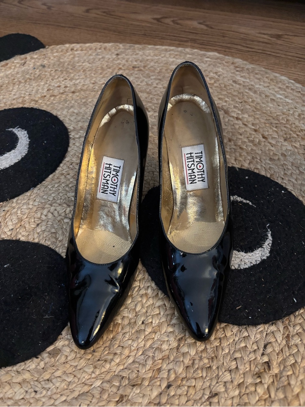 Timothy Hitsman Black Patent Pointed Pumps with Gold Interior